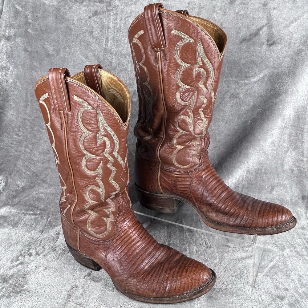 Tony Lama Boots Vintage Genuine Teju Lizard Men's Size 9 D Brown Western Cowboy